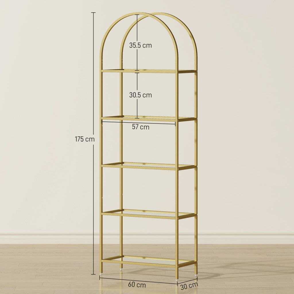 Scaffale Libreria Portaoggetti ad Arco 60x30x175 cm a 5 Ripiani in Acciaio e Vetro Temperato Oro