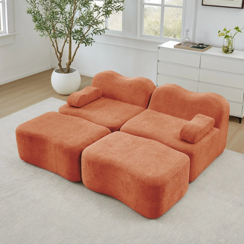 Divano Modulare 2 Posti con 2 Ottoman ¨C Xylo ¨C Arancione, Braccioli Mobili, Schiuma Alta Densit¨¤
