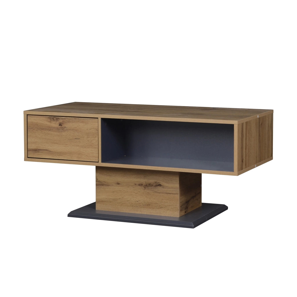 Tavolino da salotto con contenitore su due lati, vano interno, per soggiorno, in truciolare, rovere e grigio, 100 × 50 × 46,5 cm