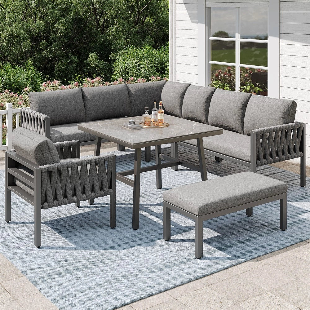 Set da giardino in ferro zincato - Zephmum - Gambe regolabili, divano angolare, piano in vetro temperato, cuscini inclusi, grigio