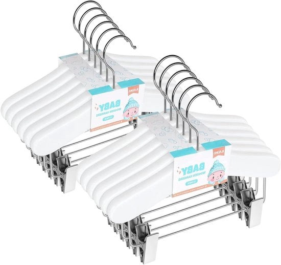 Set di 12 appigli per abiti in legno con viti a scorrimento per bambini - 25 cm, bianco