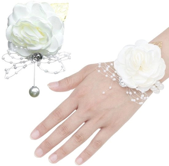 Corsage 2PCS - Festa di Sposa Corsage - Rose - Bianco - Leggero - Cinturino Regolabile - Cinturino di Festa