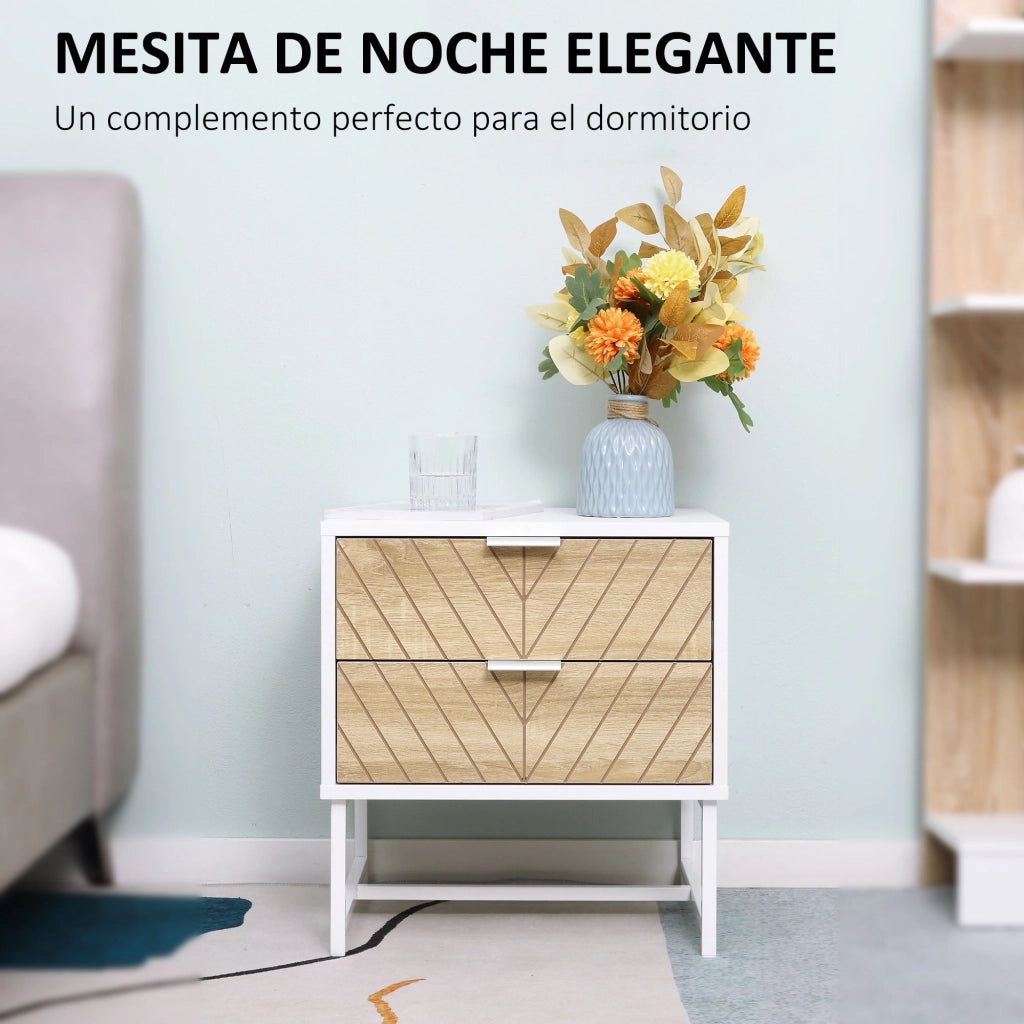 Comodino con 2 cassetti ¨C Xylo ¨C Bianco e rovere, gambe in acciaio, 45x39x48 cm