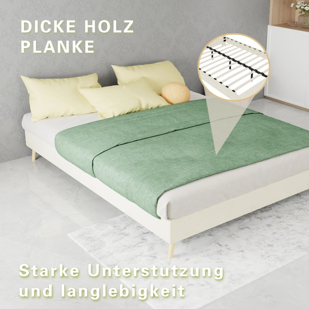 DESMIU Letto 140 × 200 cm 2 posti con LED, schienale regolabile e struttura in tessuto, senza materasso, beige