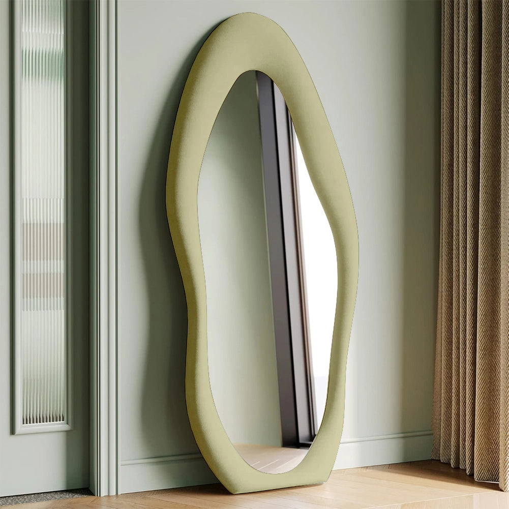Specchio a Figura Intera 60x160 cm con Cornice Ondulata Rivestimento in Velluto Verde