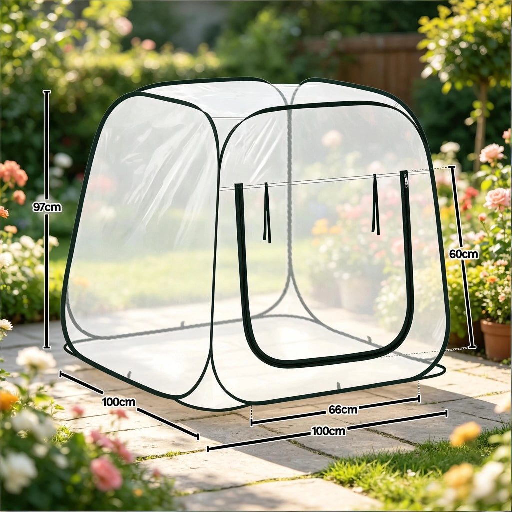 Mini serra pop-up trasparente in PVC e metallo con apertura a zip, 100 x 100 x 97 cm