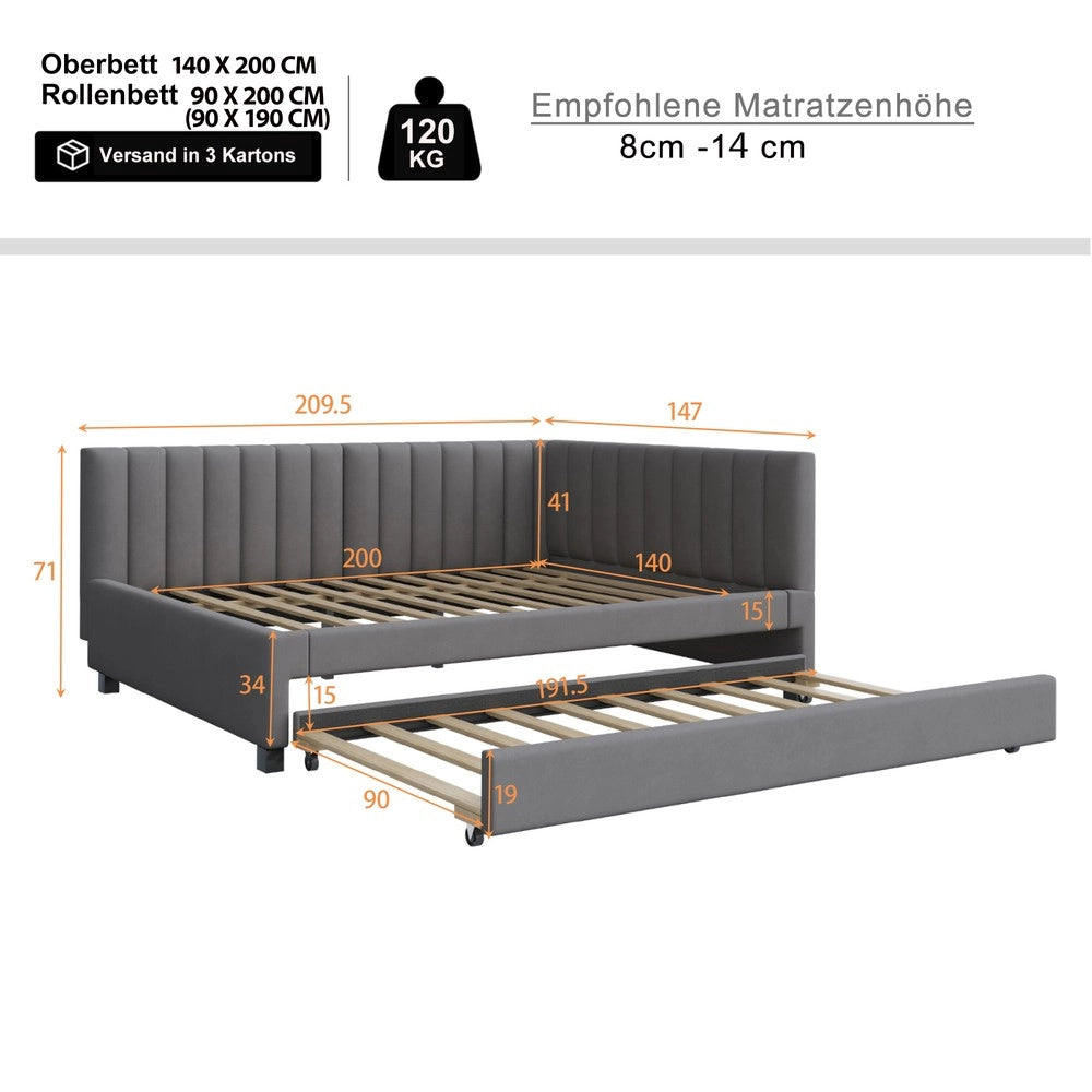 Letto Imbottito Estraibile ¨C MINIMAL ¨C Velluto Grigio 140x200, Rete a Doghe
