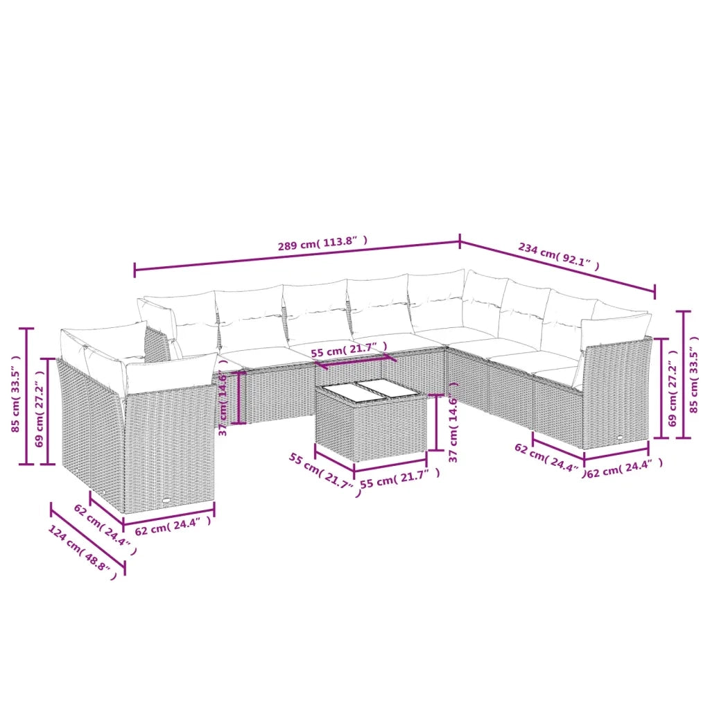 Set Divani da Giardino 11 pz con Cuscini in Polyrattan Nero