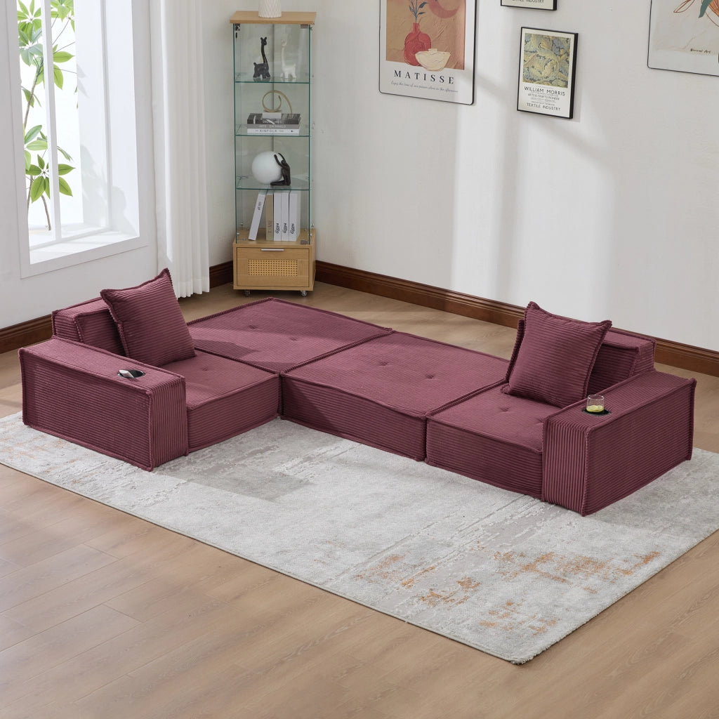 Pouf divano 2 posti in velluto a coste, colore wine red, con 2 cuscini e tasche laterali