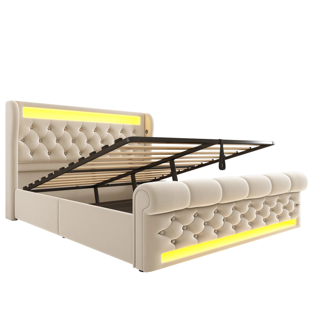 Letto Contenitore Matrimoniale Imbottito con LED ¨C MINIMAL ¨C Velluto Beige 140x190, Testiera USB, Idraulico