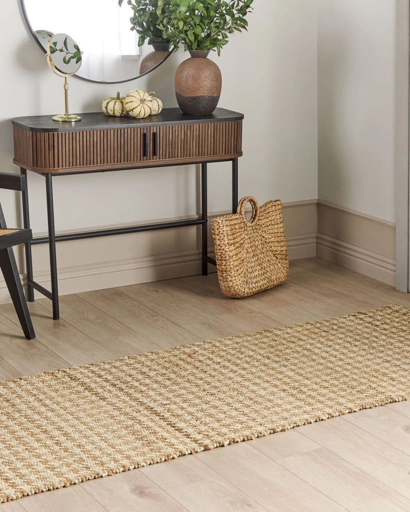 Tappeto da corridoio in iuta beige intrecciato a mano con motivo seghettato 80 x 300 cm stile boho rustico