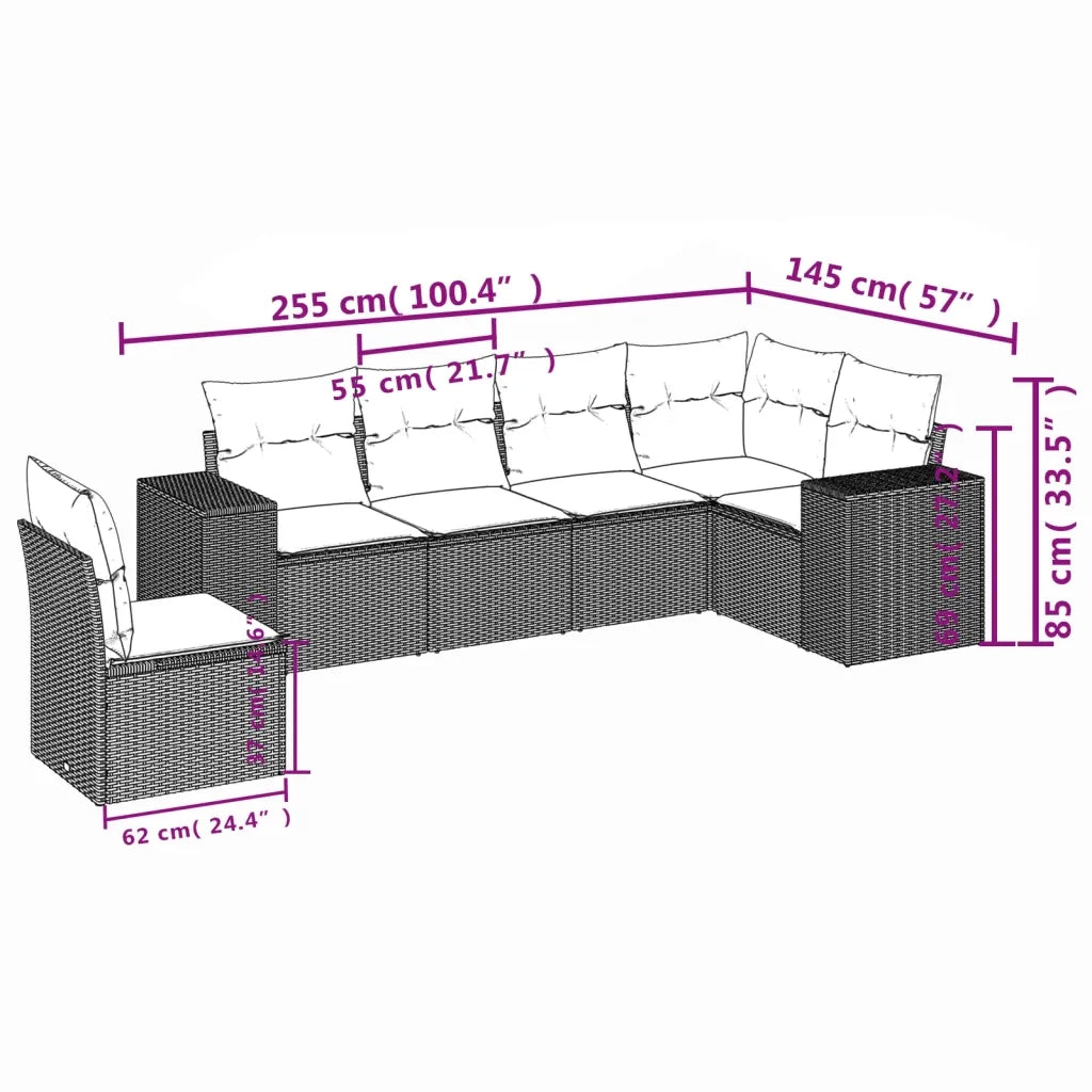 Set Divano da Giardino 6 pz con Cuscini Nero in Polyrattan 3254962