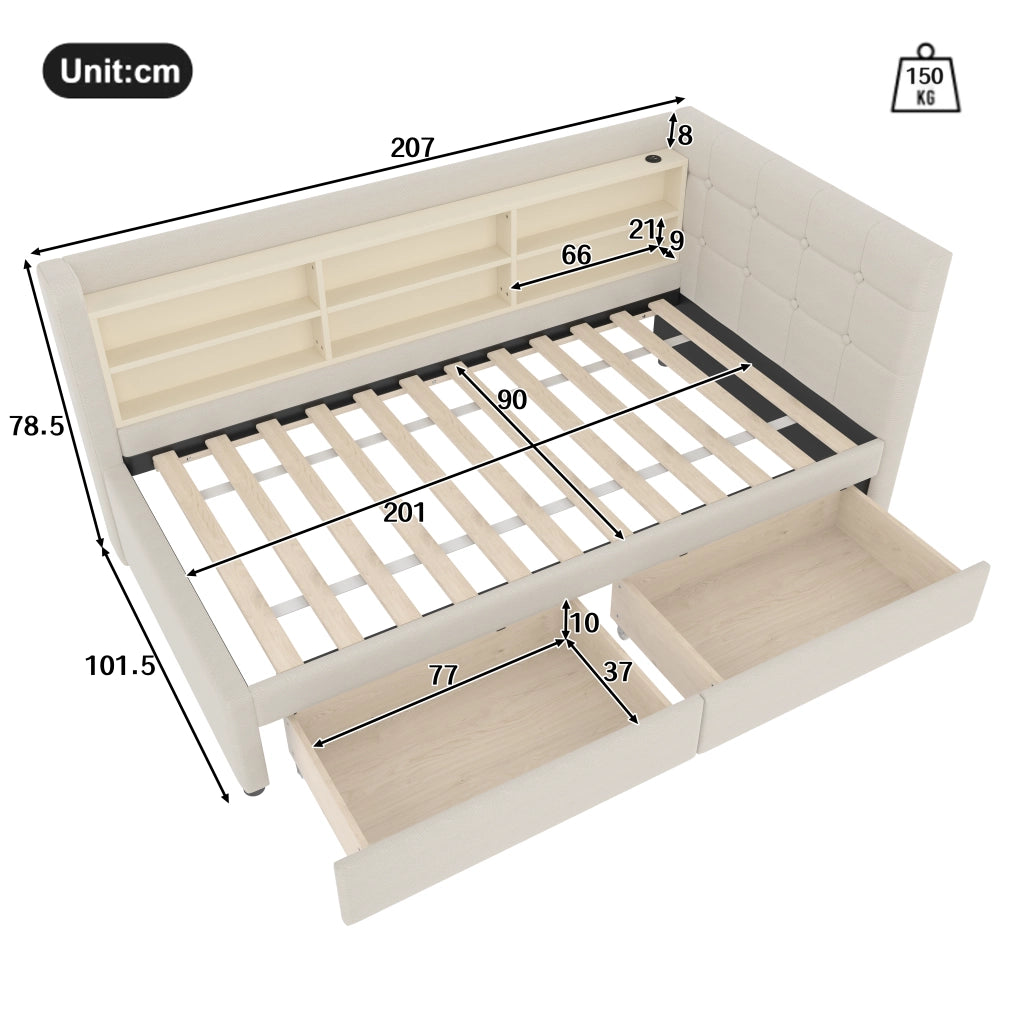 Letto a giorno con 2 cassetti; porta USB e Tipo-C; ripiani e doghe; lino beige; 90x200 cm; senza materasso