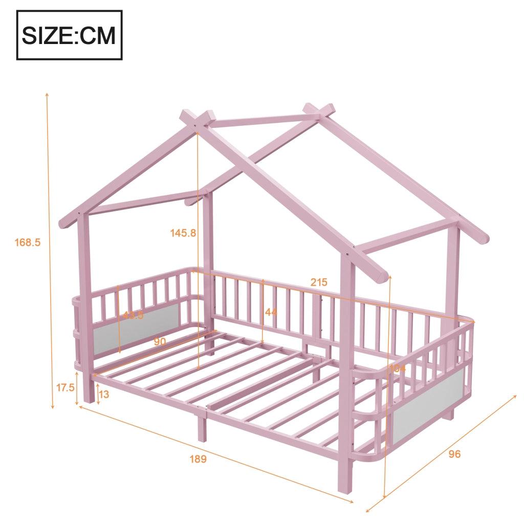Letto casetta 90×200 cm; letto per bambini con barriera di sicurezza; struttura a tetto; senza materasso; metallo rosa