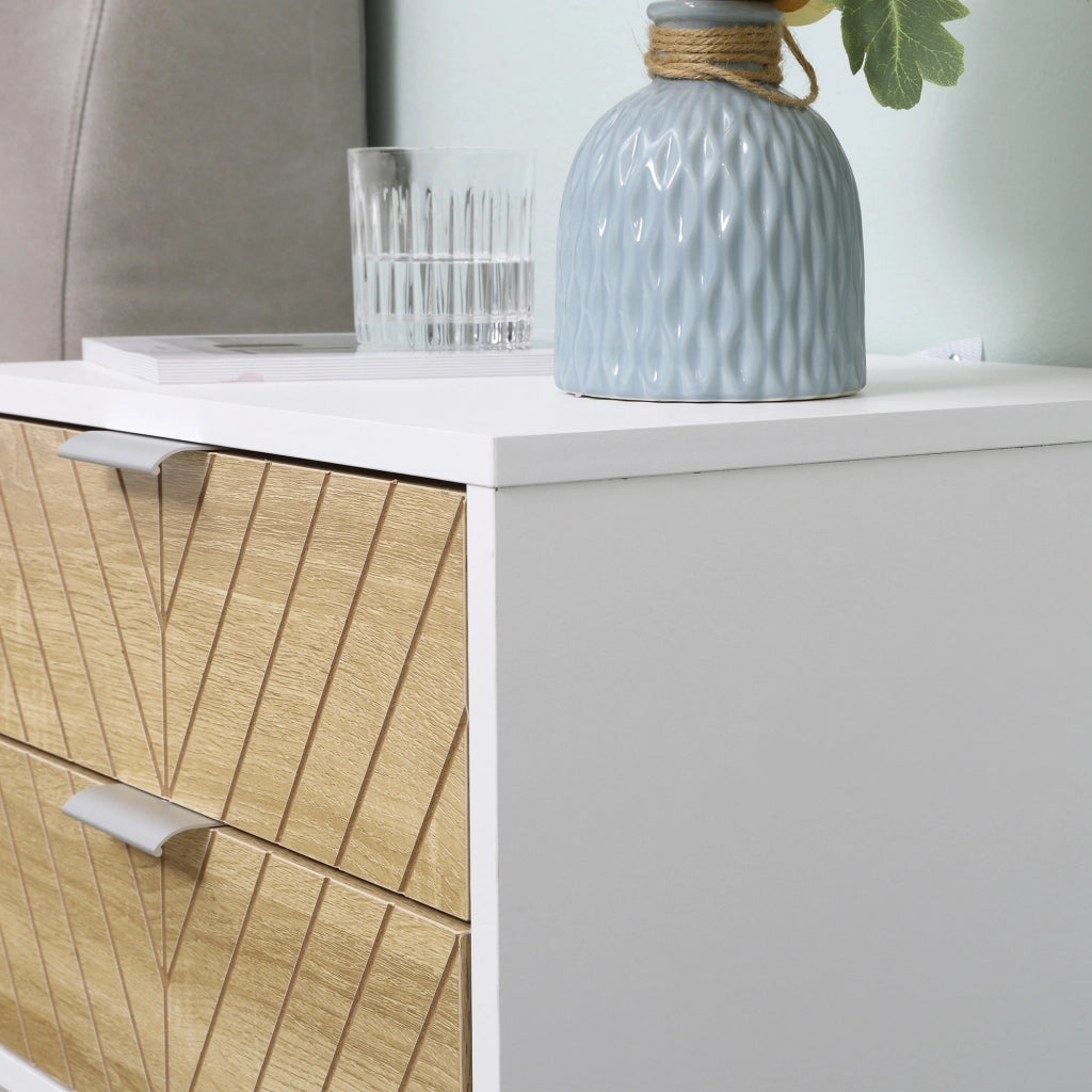 Comodino con 2 cassetti ¨C Xylo ¨C Bianco e rovere, gambe in acciaio, 45x39x48 cm