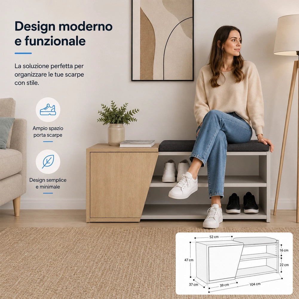 Panca Scarpiera da Ingresso 104x37x47 cm 2 Ripiani Porta Scarpe con Anta e Cuscino in MDF Sabbia