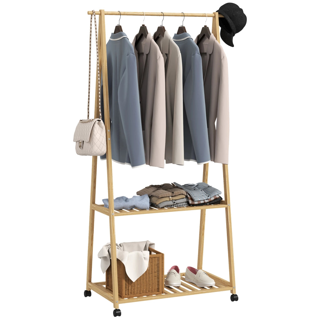 Appendiabiti con Ruote in Bamb¨´ ¨C Xylo ¨C 2 Ripiani, 2 Ganci, 84,5x43,5x158 cm, Naturale