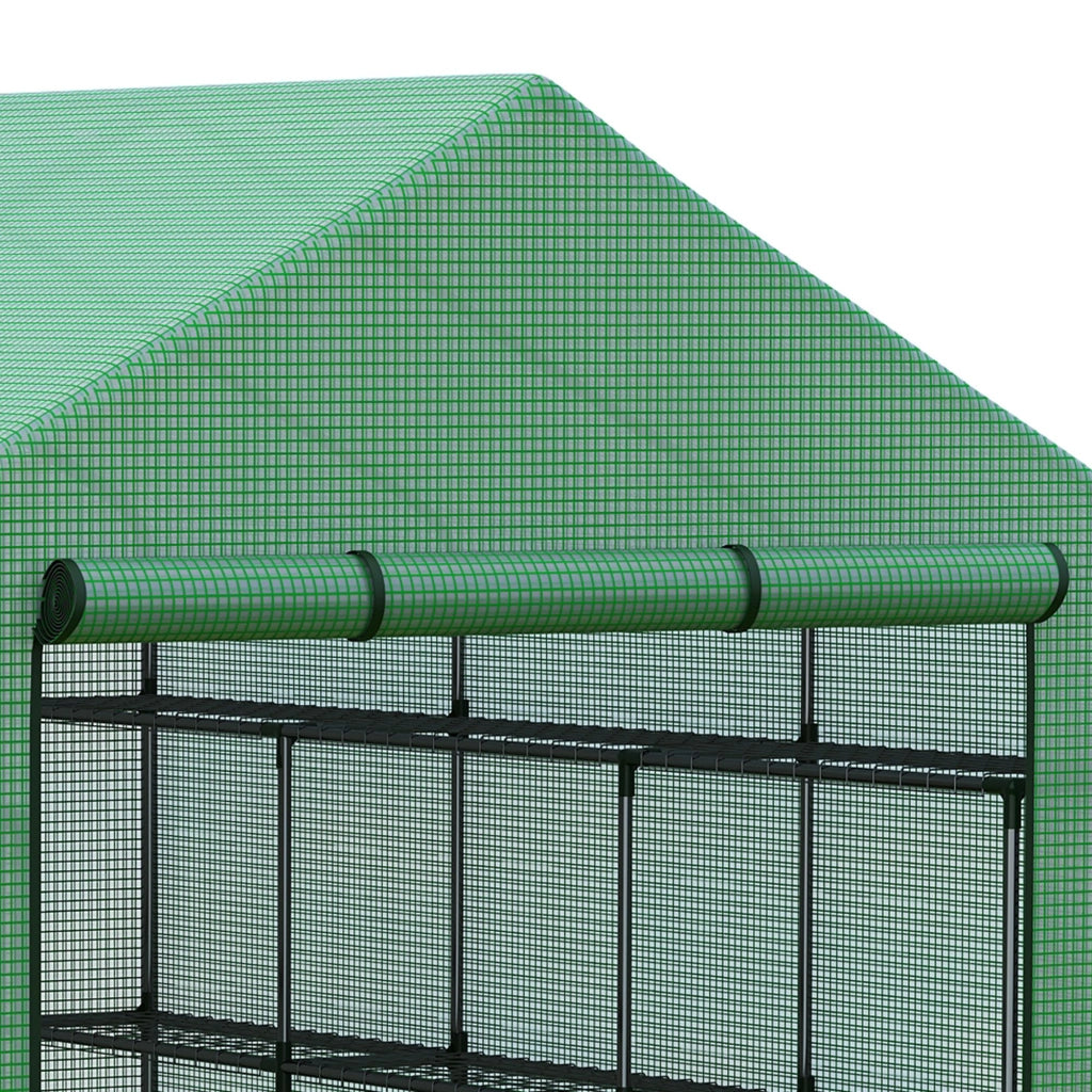 Serra a tunnel con 8 ripiani, serra per pomodori con porta, verde, realizzata in acciaio e plastica PE