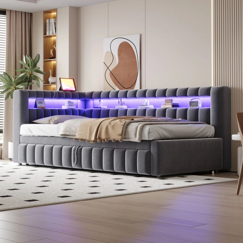 Divano letto imbottito con letto estraibile; LED; USB e Type-C; 90x200 cm; grigio