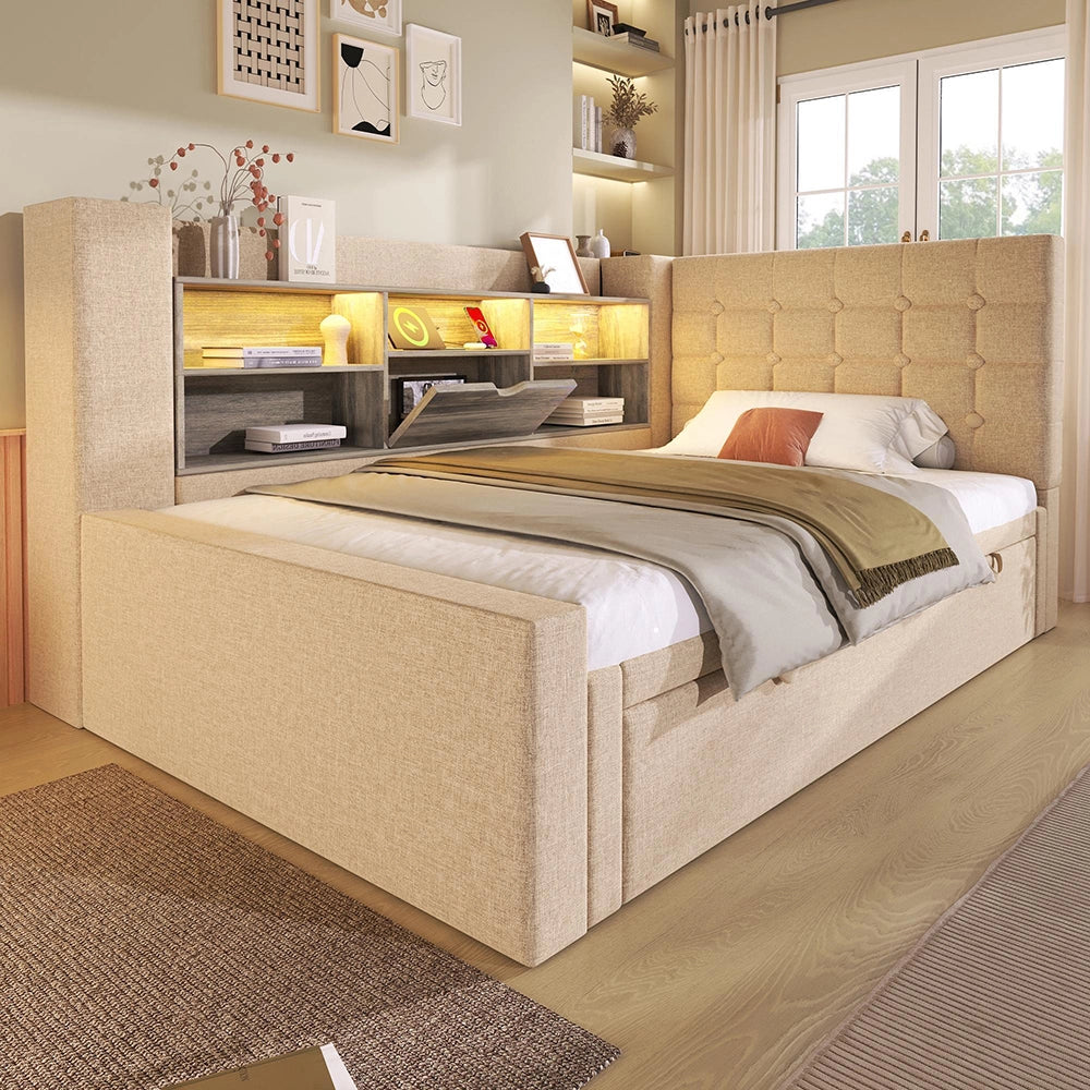Letto imbottito con letto a scomparsa - Xylo - 90x200 cm - Beige - LED, testiera a L con spazio di archiviazione
