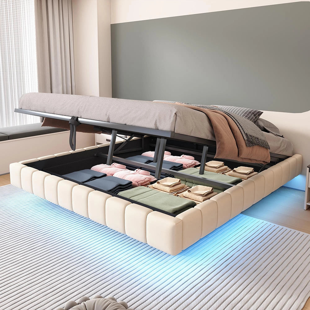 Letto-Xylo-180x200 cm-idraulico, LED, senza testiera, lino beige