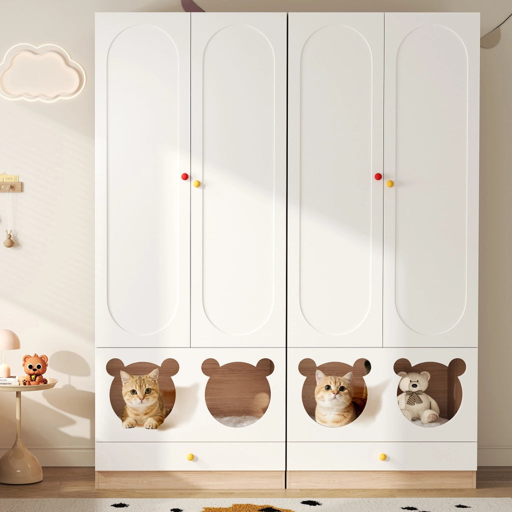 Armadio con 2 ante, appendiabiti, ripiani e cassetti laccati per cameretta, MDF bianco naturale, 80 × 50 × 200 cm