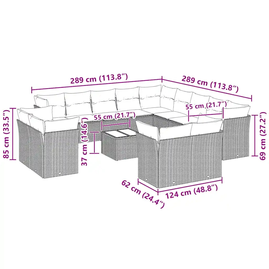 Set Divani da Giardino 14pz con Cuscini in Polyrattan
