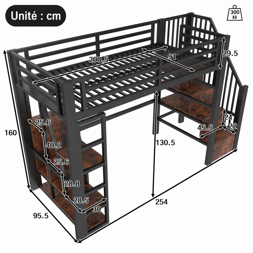 LETTO a soppalco 90x200 cm in metallo e MDF nero con scala e LED