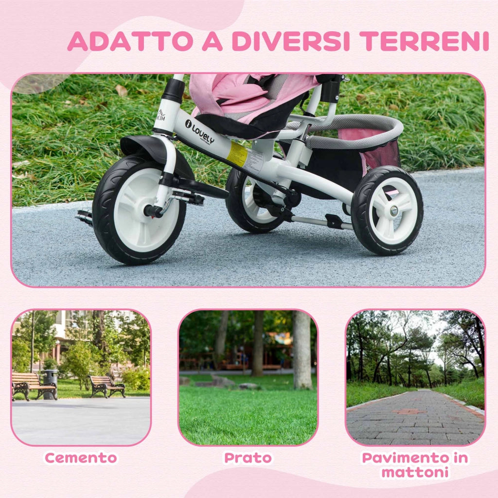 Triciclo per Bambini 1-5 Anni ¨C Xylo ¨C Bianco e Rosa con Maniglione e Tettuccio Regolabile 102x49x102 cm