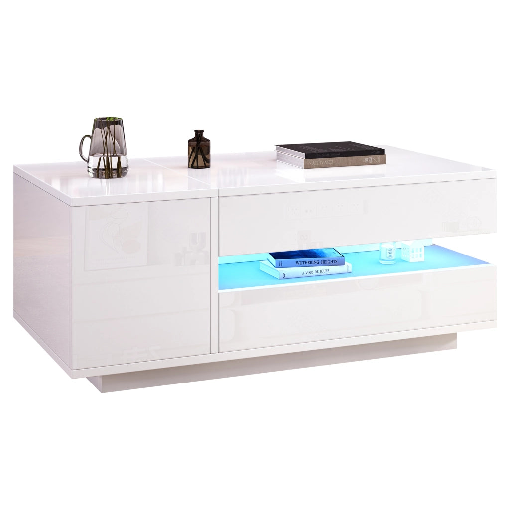 Tavolino da salotto sollevabile 90x50x34,5 cm, bianco lucido, cassetto, armadietto, vani nascosto/semiaperto e LED con app.