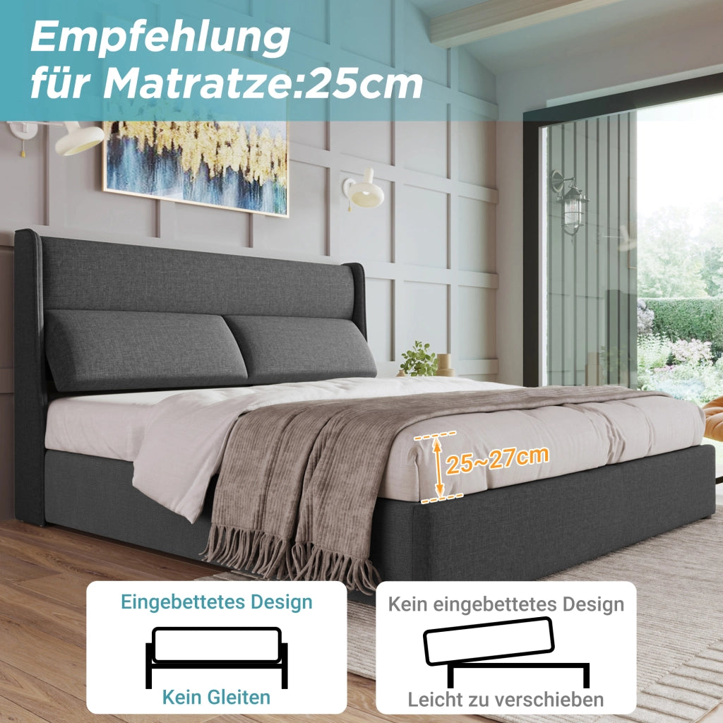 letto imbottito lino grigio 160 x 200 cm