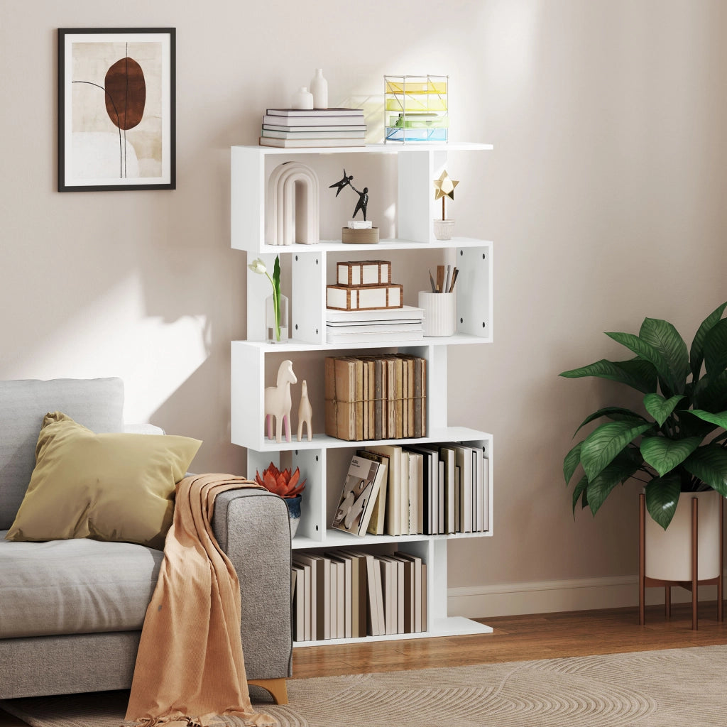 Libreria Asimmetrica a S a 5 Livelli con 10 Ripiani Aperti, in Legno, 80x24x159 cm, Bianco