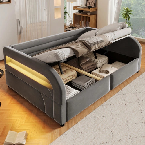 Letto una piazza e mezza con contenitore idraulico 140x200 cm LEMONMAX, LED RGB, struttura imbottita, MDF e tessuto, grigio