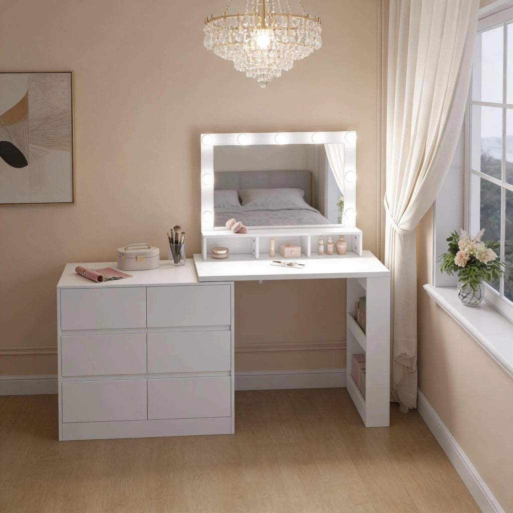 Toeletta 2 in 1 con specchio LED e mobile laterale con 6 cassetti bianca per camera da letto e trucco quotidiano