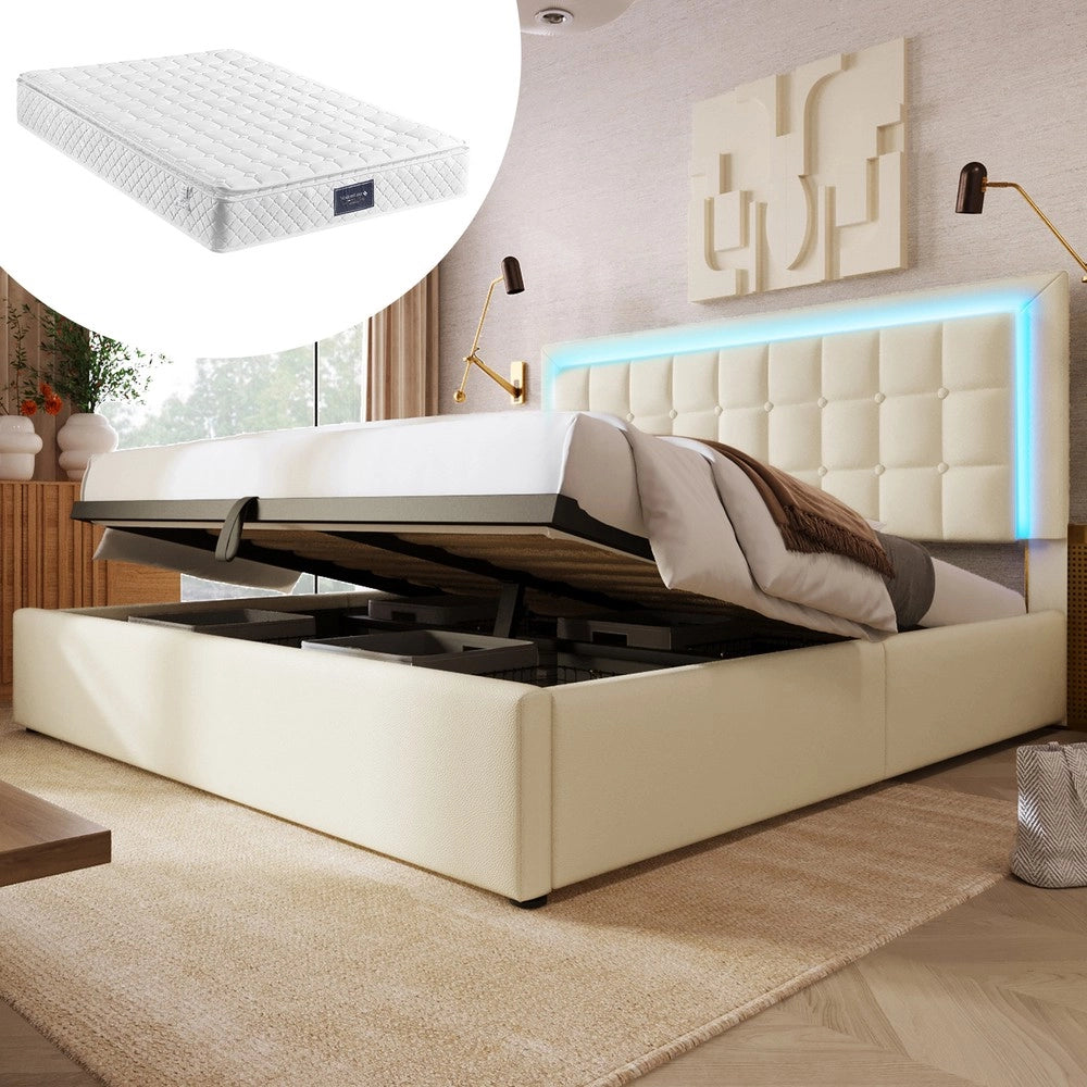 Letto Contenitore Imbottito con LED ¨C Xylo ¨C Similpelle Bianco, 160x200, con Materasso
