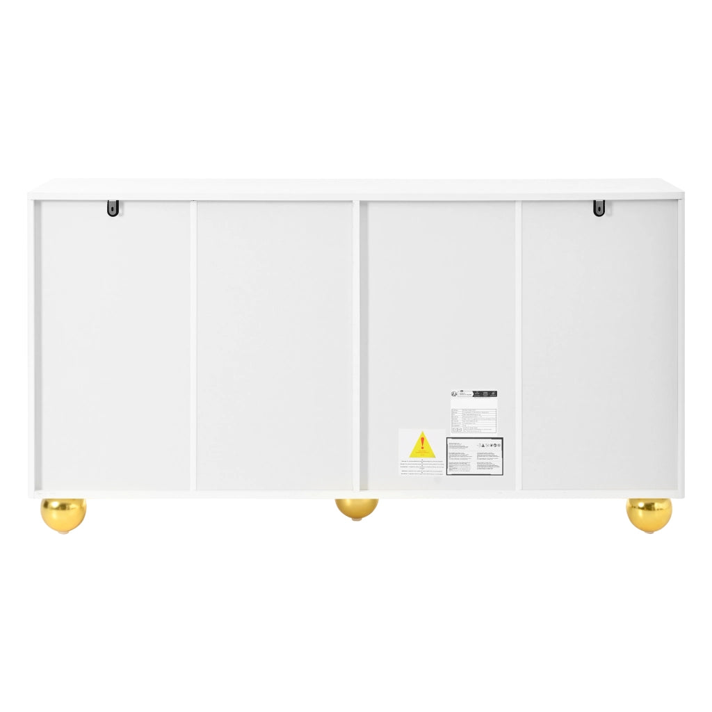 Credenza, mobile contenitore, ante con decorazioni ad arco in filo d’oro, piedini metallici sferici, bianco