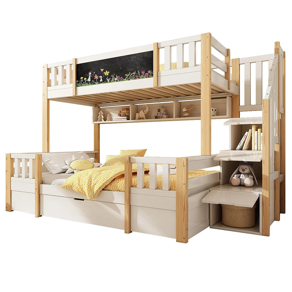 Letto a castello-Xylo-90+140x200cm lavagna scala con ripiano 2 cassetti armadio legno massiccio bianco naturale