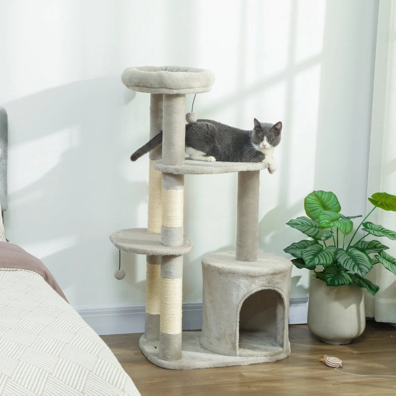 TIRAGRAFFI per gatti 114 cm con piattaforme, sisal e casetta, grigio chiaro