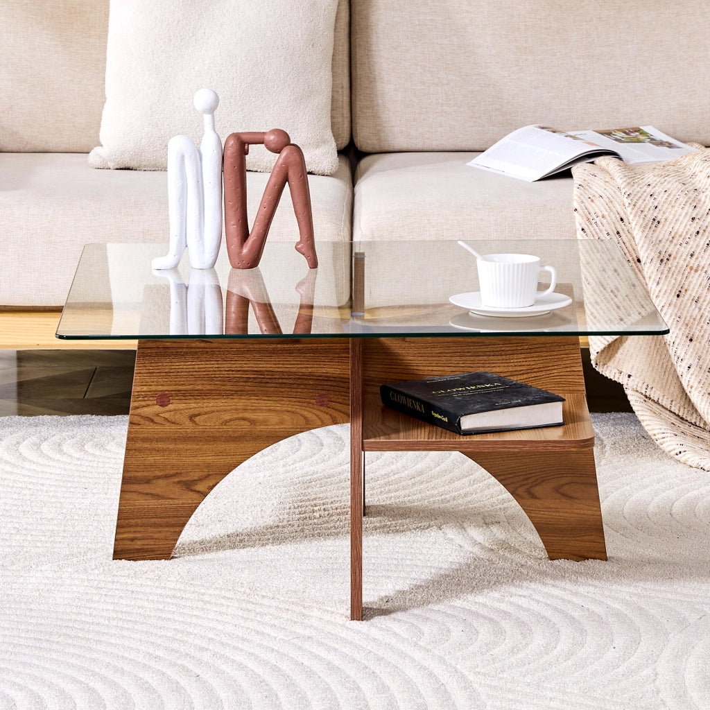 Tavolino/tavolino da caff¨¨ moderno di forma quadrata, realizzato in vetro temperato ¨C lati di 80 cm. Gambe in MDF con finitura effetto noce. Ideale pe