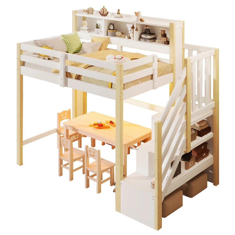 Letto a Soppalco con LED e Contenitore ¨C MINIMAL ¨C Bianco/Natura, 90x200