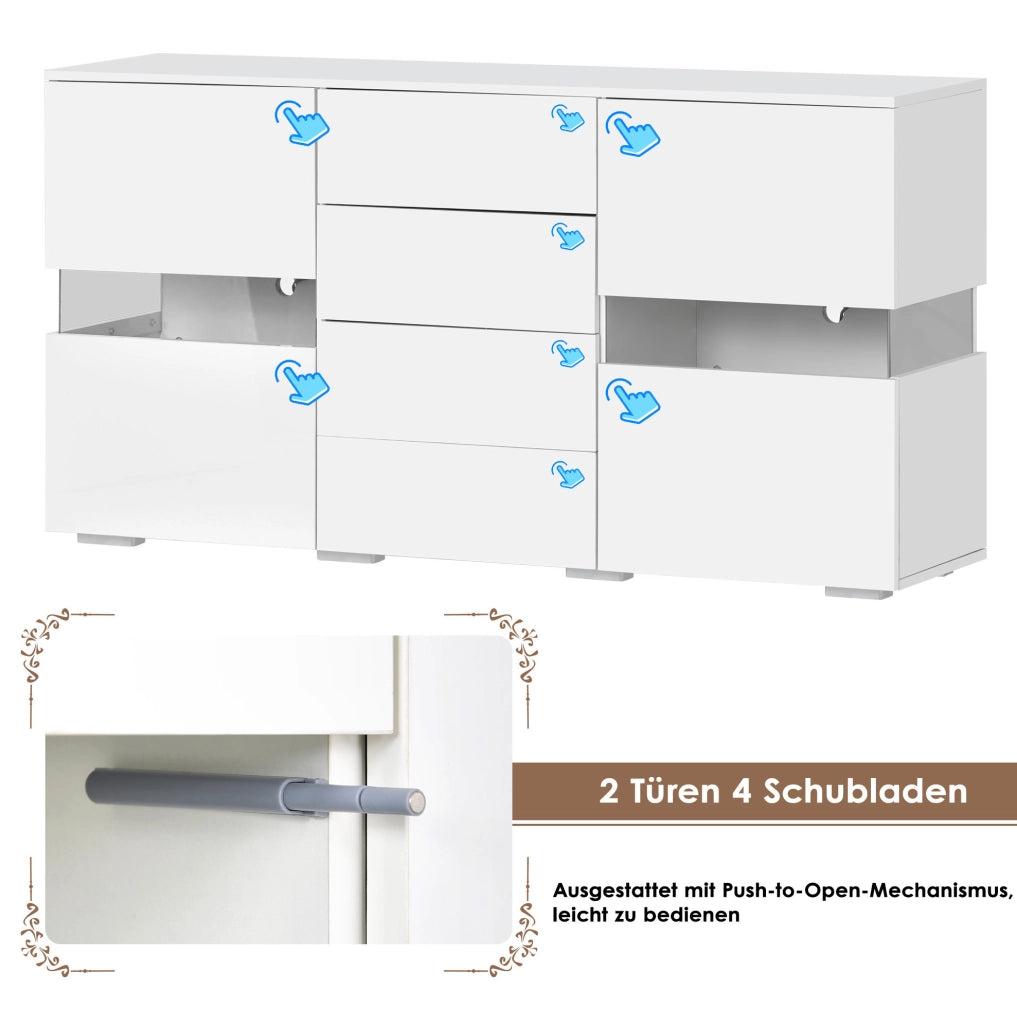Sideboard bianco 140 cm con LED controllati da app; 2 ante in acrilico e 4 cassetti