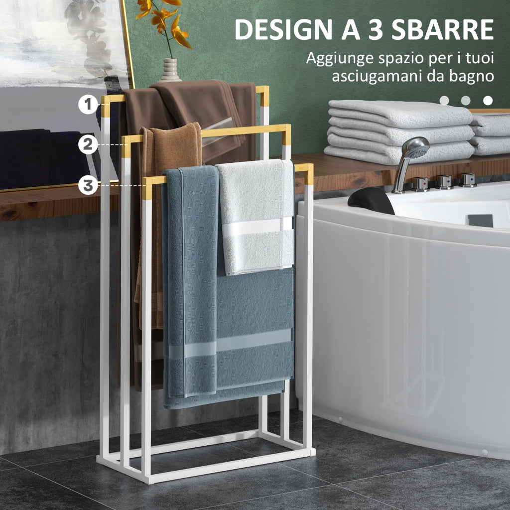 Portasciugamani Autoportante 3 Sbarre Bamb¨´ Acciaio ¨C Xylo ¨C Bianco Legno 45x22.5x86cm