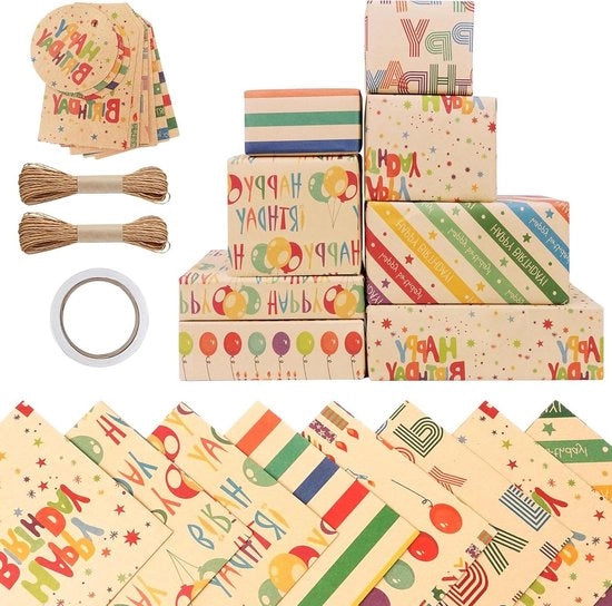 Set di Avvolgimento per Regali per Bambini - 8 Pezzi di Carta Ecologica Kraft per Feste di Compleanno con Nastro e Adesivo - Ideale per Ragazzi e Ragazze (50 x ...)