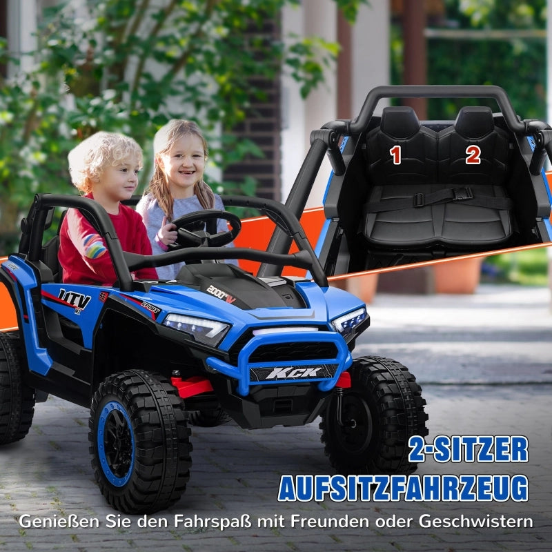 UTV elettrico per bambini, 5-7 km/h, 2 posti, telecomando, musica, luci, 1 ora di autonomia, blu