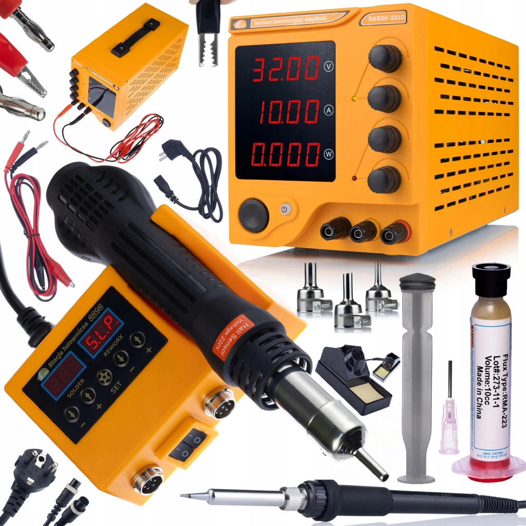 Zasilatore da Laboratorio AmpRush RARES-3210 32V 10A + Stazione Saldante 2in1 Hot-Air e 900M Orange Husky OH660 + Flux
