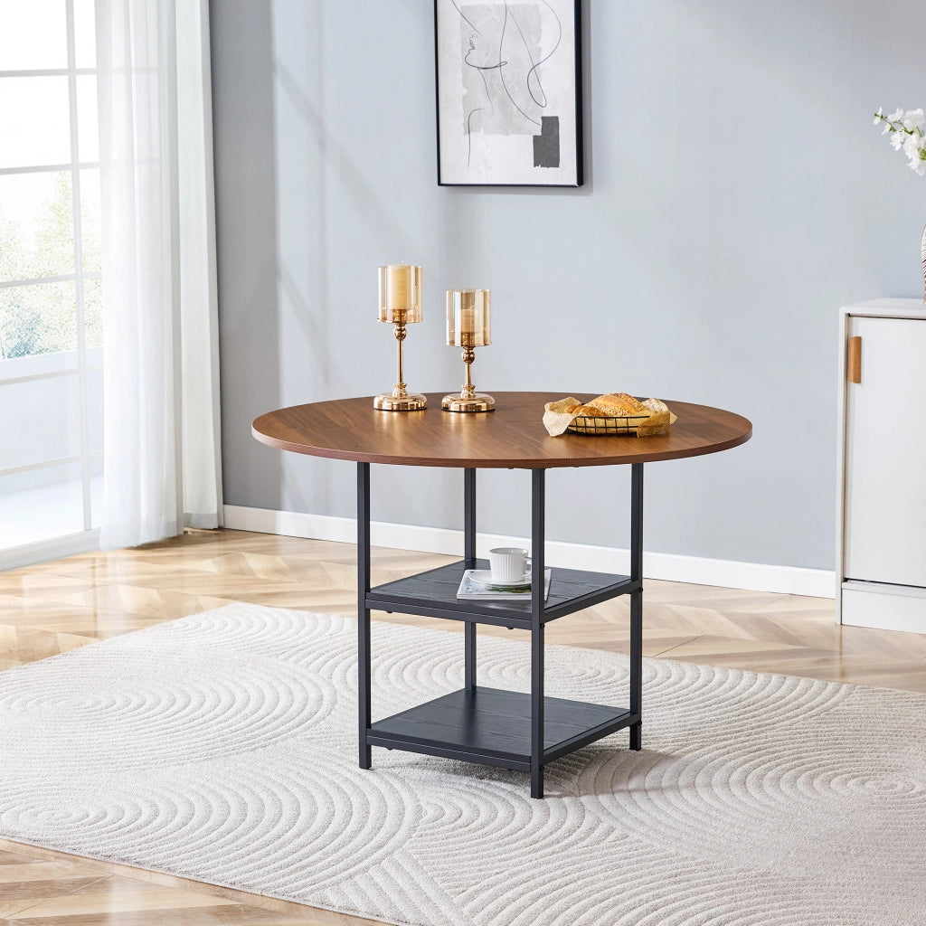 Tavolo da pranzo rotondo con diametro di 107 cm e doppio ripiano effetto noce, piano in MDF + struttura in metallo, adatto per 2-4 persone, perfetto p
