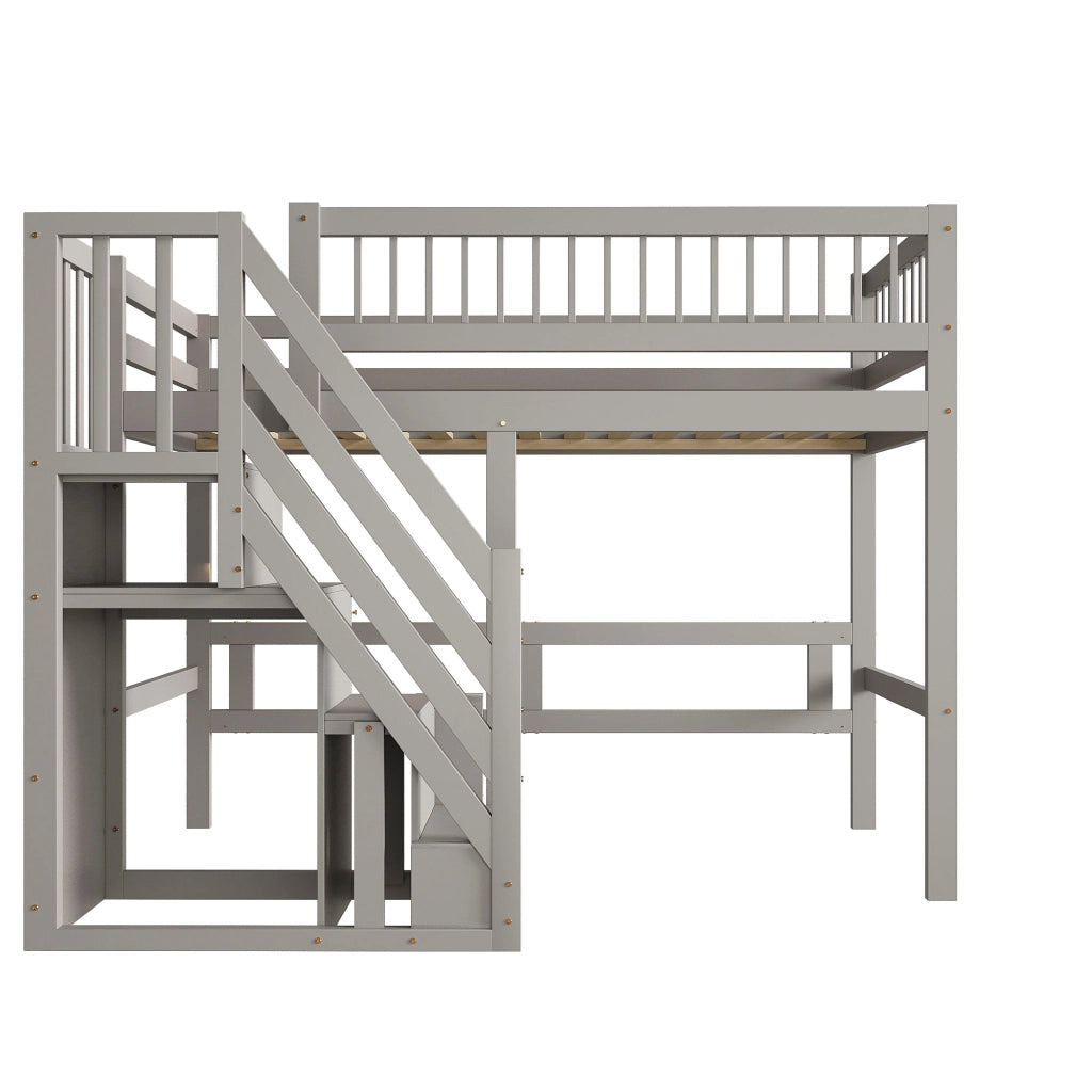 Letto a soppalco in legno massello con scala contenitore e recinzione alta; grigio; 90x200 cm; senza materasso