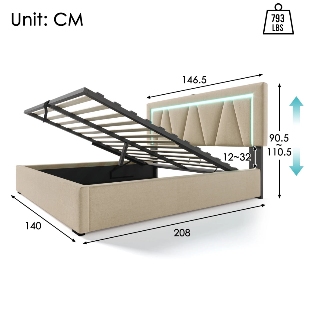 Letto imbottito con LED, USB e contenitore salvaspazio