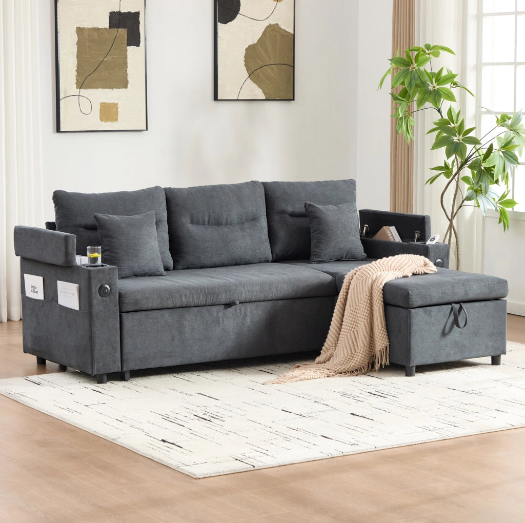 Divano letto 212.5x136x86 cm con chaise longue idraulica e letto estraibile in lino grigio scuro