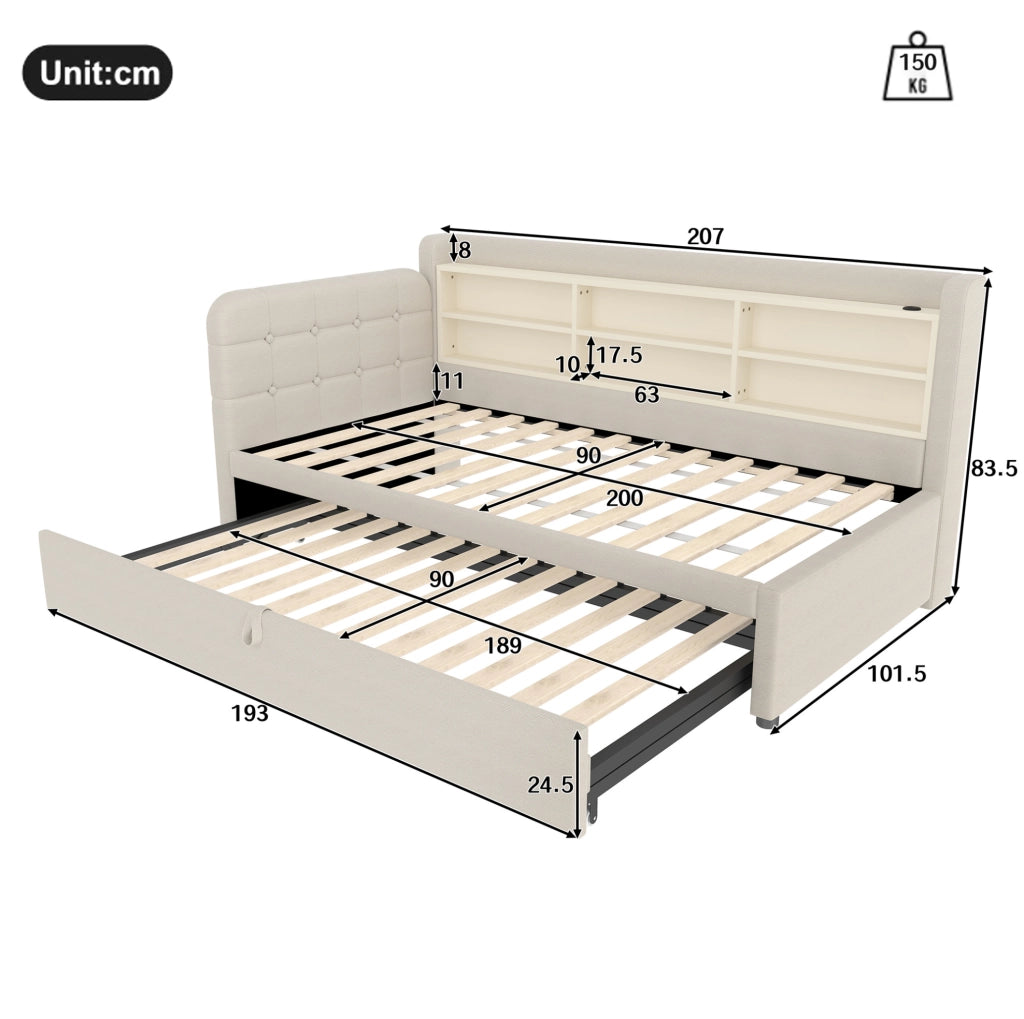 Letto 90x200 cm estraibile con USB e Tipo C; lino beige